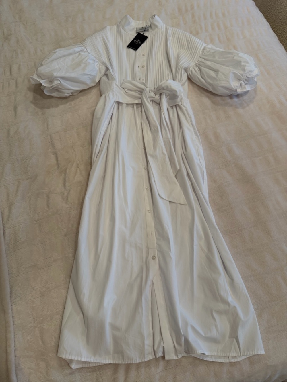 Marielle Almelo White Puff Sleeve Button-Front Maxi Dress with Waist Tie